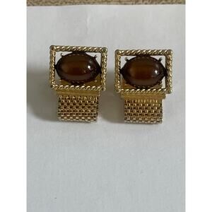 Swank Vintage Brown Stone Cufflinks w/ Mesh Chain